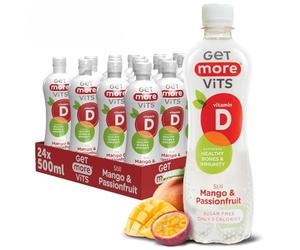 Get More Vits - Vitamin D Still Mango & Passionfruit Spring Water (12 x 500ml), Support Healthy Bones, Teeth & Muscles, Boost Immune System, Sugar Free, Low Calorie, Natural Flavours, Vegetarian