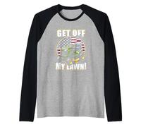 Get Off My Lawn Funny Lawn Mower American Flag Fathers Day Raglan Baseball Tee