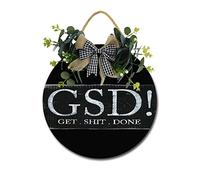 Get Shit Done Sign for Front Door Hanging Seasons Sign Outdoor Rustic Round Wood Wreaths Wall Decor Farmhouse Porch Wreaths Decorations Housewarming Gift