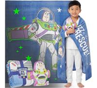 Get Trend Disney Buzz Lightyear Glow in the Dark Blanket & Cushion Set | 130x150cm Fleece Blanket for Kids, Soft Fleece Sofa Throw with Cushion for Bedroom, Sleepover, Travel, Kids Gift