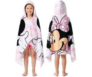 Get Trend Disney Minnie Mouse Bath Towel with Hood for Kids Absorbent Changing Robe Poncho Towel for Swim Bath Shower Beach Holiday Essentials (White/Pink Minnie Mouse, 3-7 Years)