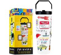 Get Trend Friends Insulated Tumbler Flip Up Straw & Handle, Metal Travel Water Bottle 850ml/30oz, Thermal Double Wall Vacuum for Hot & Cold Drinks (White Friends)