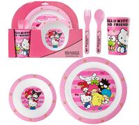 Get Trend Hello Kitty Sanrio Dinner Set Cutlery Kids Tableware, 5 Pcs Reusable Plastic Plate Bowl Cup Spoon Fork, BPA Free Dinnerware, Crockery Set (Pink Hello Kitty)