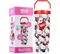 Get Trend Hello Kitty Sanrio Insulated Tumbler Flip Up Straw & Handle, Metal Travel Water Bottle 850ml, Thermal Double Wall Vacuum, Hot & Cold Drinks (AOP Hello Kitty)