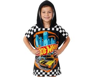 Get Trend Hot Wheels Bath Towel with Hood for Kids Absorbent Changing Robe Poncho Towel for Swimming Bath Shower Beach Holiday Essentials (Black Hot Wheels, 4-9 years)