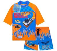 Get Trend Hot Wheels Swimsuit Set for Boys 2 Pcs with Swimming Trunks Boys Rash Vest for Swimming Beach Trip Holiday Essentials (9-10 Years, Blue/Orange Hot Wheels)