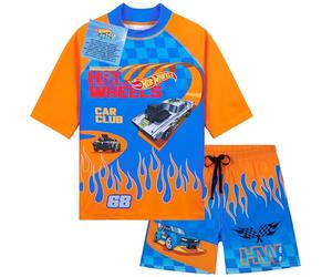 Get Trend Hot Wheels Swimsuit Set for Boys 2 Pcs with Swimming Trunks Boys Rash Vest for Swimming Beach Trip Holiday Essentials (4-5 Years, Blue/Orange Hot Wheels)