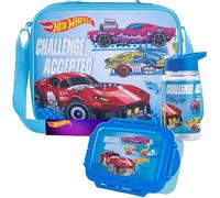 Get Trend Hot Wheels Water Bottle Lunch Bag and Lunch Box Kids Set 3 Pcs School Supplies Bento Snack Box BPA Free Leakproof for Travel (Blue Hot Wheels)