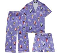 Get Trend KPop Demon Hunters Huntrix Girls Satin Pyjama Set 5-14 Yrs, 3 Pcs Button-Down Shirt, Pj Shorts & Loungewear Bottoms (13-14 Years, Purple AOP)