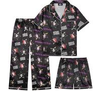 Get Trend KPop Demon Hunters Huntrix Girls Satin Pyjama Set 5-14 Yrs, 3 Pcs Button-Down Shirt, Pj Shorts & Loungewear Bottoms (5-6 Years, Black AOP)