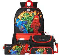Get Trend Lego Ninjago Kids Backpack Set, 3 Piece School Bag with Pencil Case and Insulated Lunch Bag, Lightweight Travel Large Rucksack, School Supplies, Gifts for Boys (Red/Black Ninjago)