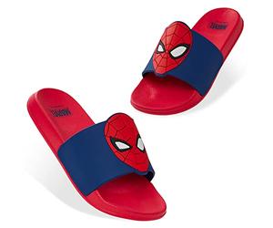 Get Trend Marvel Spiderman Sliders for Boys Non Slip Shower Beach Pool Shoes for Travel Holiday Essentials Summer Slippers (Red/Blue, 2 UK)