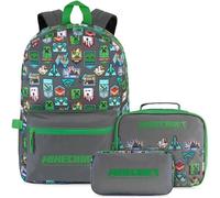 Get Trend Minecraft Boys Backpack Set, 3 Piece School Bag with Insulated Lunch Bag & Pencil Case, Travel Sports Day Rucksack, School Supplies, Gamer Gifts for Kids & Teens (Grey/Green Minecraft)