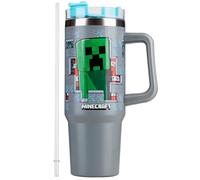 Get Trend Minecraft Insulated Cup Kids Tumbler Travel Mug Straw & Handle, 840ml/28oz Thermal Double Wall Vacuum Insulation, Hot or Cold Drinks (Grey Minecraft)
