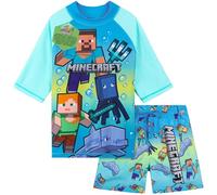 Get Trend Minecraft Swimsuit Set for Boys Teenagers 2 Pcs with Swimming Trunks Creeper Boys Rash Vest for Swimming Beach Trip Gamer Holiday Essentials (9-10 Years, Blue/Green Minecraft)