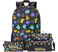 Get Trend Pokemon Kids Backpack Set, 3 Piece School Bag with Pencil Case and Insulated Lunch Bag, Lightweight Travel Large Rucksack, School Supplies, Gamers Gifts for Boys (Black/Multi Pokemon)