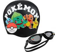 Get Trend Pokemon Swimming Goggles Swimming Cap for Kids Anti Fog UV Protection Adjustable Strap Anime Swim Accessories Set for Pool Beach Holiday (Black Pokemon, 4-12 Years)