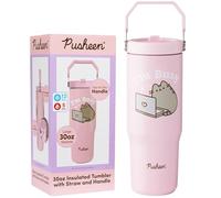 Get Trend Pusheen Insulated Tumbler Flip Up Straw & Handle, Metal Travel Water Bottle 850ml/30oz, Thermal Double Wall Vacuum for Hot & Cold Drinks (Pink Pusheen)