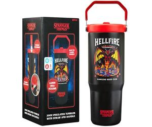 Get Trend Stranger Things Insulated Tumbler Flip Up Straw & Handle, Hellfire Metal Water Bottle 850ml, Thermal Double Wall Vacuum, Hot & Cold Drinks (Black/Red Stranger Things)