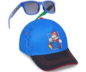 Get Trend Super Mario Baseball Cap Kids Sunglasses Set Adjustable Hat 100% UV Protection Holiday Essentials Boys Gifts (4-12 Years, Blue Mario Set)