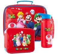 Get Trend Super Mario Kids Insulated Lunch Bag 3Pc Set with Bento Lunch Box & 640ml BPA-Free Water Bottle with Straw, Lightweight Kids Snack Box, Gamer Gifts for Boys (Red/Multi Mario)