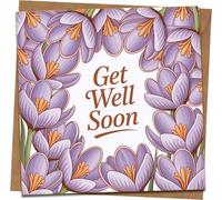 Get Well Soon Card - 145mm Square Greeting Card with Kraft Envelope, Purple Floral Crocus Design, Blank Inside, Cheer Up, Sympathy and Recovery Wishes for Friends & Family