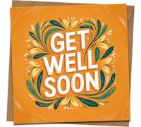 Get Well Soon Card, 145mm x 145mm Square, Bright Floral Design, Blank Inside, Includes Kraft Envelope, Cheer Up Recovery Card for Illness, Surgery or Hospital Stay