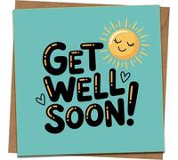 Get Well Soon Card - Cheerful Sun Illustration, Turquoise, 145mm x 145mm Square Greeting Card with Kraft Envelope - Feel Better, Recovery, Thinking of You