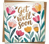Get Well Soon Card, Floral & Bees Square Greeting, 145mm x 145mm, Blank Inside, Includes Kraft Envelope, Cheer Up/Recovery/Feel Better