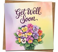 Get Well Soon Card - Floral Pansy Bouquet, Square 145mm x 145mm Greeting Card with Kraft Envelope, Pastel Watercolor Design, Cheer Up Recovery Card