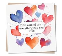 Get Well Soon Card for Friend Woman, Female - Take Care, Surgery - Hearts | for Men, Him, Her, Mum, Nan, Sister, Colleague - from All of Us - Blue, Red, Watercolour - Blank Inside, with Envelope