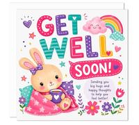 Get Well Soon Card for Girl Child - Cute Bunny Rabbit & Rainbow Get Better Soon Greeting Card for Poorly Girl - Blank Inside Premium 150x150mm Card with Envelope - Made in Britain UK
