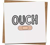 Get Well Soon Card - OUCH Bandage Design, Funny Recovery Greeting, 145mm x 145mm Square, Blank Inside, Includes Kraft Envelope, Surgery or Injury Support Card for Him, Her, Friends