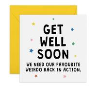 Get Well Soon Card - “We Need Our Favourite Weirdo Back in Action” - Recovery Card for Group of Friends, Family, Brother, Sister, Team Mate, Classmate, Coworker, Colleague - Comes with Fun Stickers