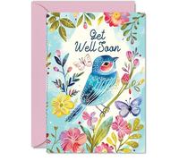 Get Well Soon Cards - Floral Blue Bird Butterfly - Speedy Recovery Card, A5 Flowers Operation Get Well Greeting Cards