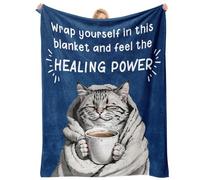 Get Well Soon Gifts for Women/Men, 50''*60'' Navy Blue Blanket with Healing Tea Cat, 100% Polyester, Thinking of You Gifts, Inspirational Cheer Up Gifts for Women, Surgery Cancer Recovery Gifts