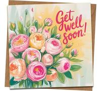 Get Well Soon Greeting Card - Floral Bouquet Illustration - 145mm x 145mm - Blank Inside - Includes Kraft Envelope - Cheer Up, Recovery Card for Women Men Friends