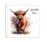 Get Well Soon Highland Cow Watercolour Splash Effect Artistic Blank Greeting Card