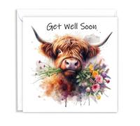 Get Well Soon Highland Cow Watercolour Splash Effect Artistic Blank Greeting Card