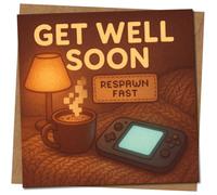 Get Well Soon Respawn Fast Gaming Card - Funny Gamer Video Game Get Well Card, Cosy Cup & Console Design, 145mm x 145mm Square, Includes Kraft Envelope