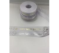 'Get Well Soon' White Satin Ribbon with Silver/Gold Print 1 Metre Cut from roll (Silver)