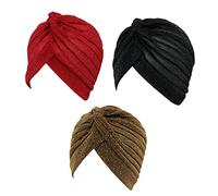 GETACOTA 3 Pieces Pleated Glitter Turban for Women Stretchy Hat Beanie African Headwrap Twist Elastic Cap Headwear Accessory, 3p_01, M