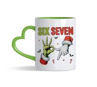Getagift 67 Meme, Six Seven Hand Sign Meme, Funny Christmas Humour Gift, 11 oz Heart Handle Ceramic Mug with Coloured Inner Glaze. (Green)
