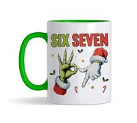 Getagift 67 Meme, Six Seven Hand Sign Meme, Funny Christmas Humour Gift, 11 oz Inside Coloured Ceramic Coffee Mug. (Green)
