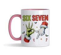 Getagift 67 Meme, Six Seven Hand Sign Meme, Funny Christmas Humour Gift, 11 oz Inside Coloured Ceramic Coffee Mug. (Pink)