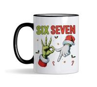 Getagift 67 Meme, Six Seven Hand Sign Meme, Funny Christmas Humour Gift, 11oz Coloured Rim Ceramic Coffee Cup. (Black Rim)