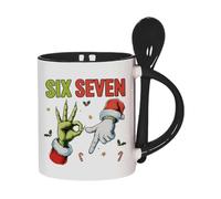 Getagift 67 Meme, Six Seven Hand Sign Meme, Funny Christmas Humour Gift, 11oz Inside Colour with Spoon Ceramic Coffee Mug. (Black)