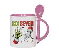 Getagift 67 Meme, Six Seven Hand Sign Meme, Funny Christmas Humour Gift, 11oz Inside Colour with Spoon Ceramic Coffee Mug. (Pink)