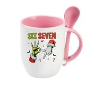 Getagift 67 Meme, Six Seven Hand Sign Meme, Funny Christmas Humour Gift, Spoon Tea-Coffee Mug. (Pink)