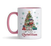 Getagift All Booked for Christmas, Book Christmas Tree, Holiday Bookish Reader, X-mas Tree, 11 oz Inside Coloured Ceramic Coffee Mug. (Pink)